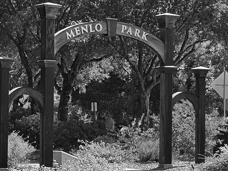The Menlo Gates eplica of the historical gates at 800 Alma Street in front of the Menlo Park Public Library