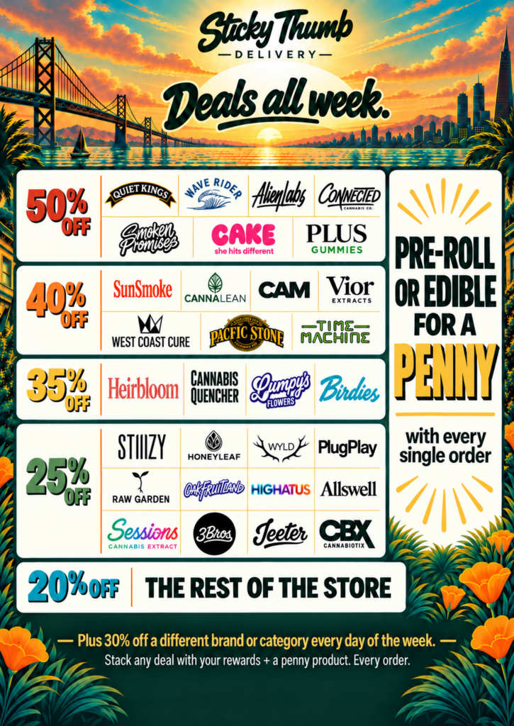 Sticky Thumb weekly deals — 50% off Quiet Kings, Wave Rider, Alien Labs, Connected Cannabis Co, Smoken Promises, Cake and Plus Gummies. 40% off SunSmoke, Canna Lean, CAM, Vior Extracts, West Coast Cure, Pacific Stone and Time Machine. 35% off Heirbloom, Cannabis Quencher, Lumpy's Flowers and Birdies. 25% off Stiiizy, Honeyleaf, Wyld, PlugPlay, Raw Garden, Oakfruitland, Highatus, Allswell, Sessions, 3Bros, Jeeter and CBX. 20% off the rest of the store.